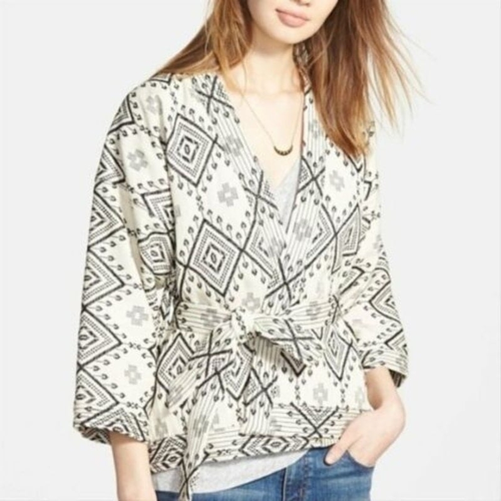Madewell Womens Jacket Arrowhead Jacquard Kimono Wrap 3/4 Sleeve Black Cream Sm